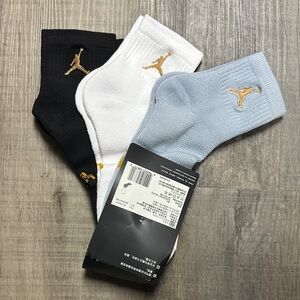Jordan Men's Athletic Socks - Black, White, Light Blue with Gold Logo